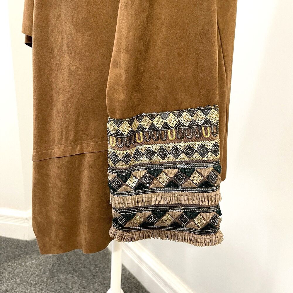 Soft Surroundings Faux Suede Cardigan Womens Large Boho Sequined Fringed Cuffs - Picture 3 of 10